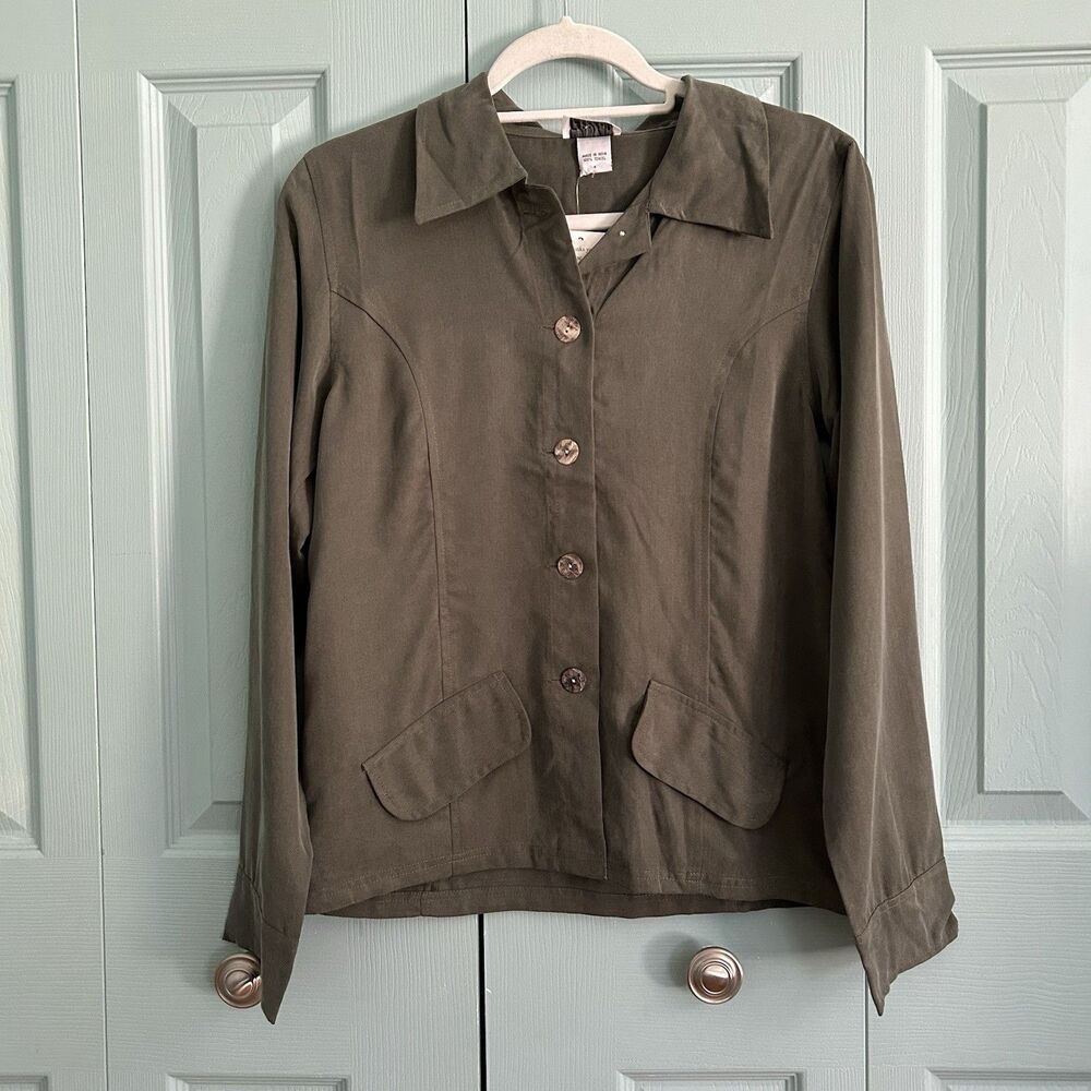 Toofan Womens‎ Tencel Button Front Blouse Small Olive Green Boho Hippie